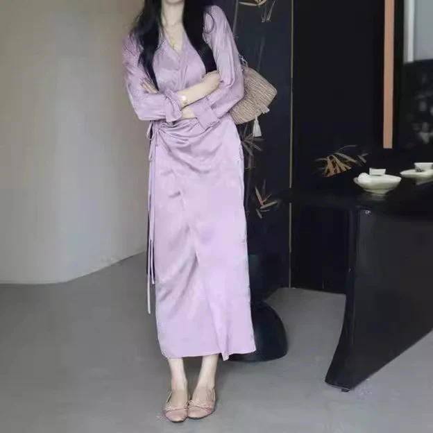 2025 Spot popular Spring and Summer New Chinese Light National Style Improved Cheongsam Premium Sense Oblique Tie Satin Dress Women - Deanwangkt