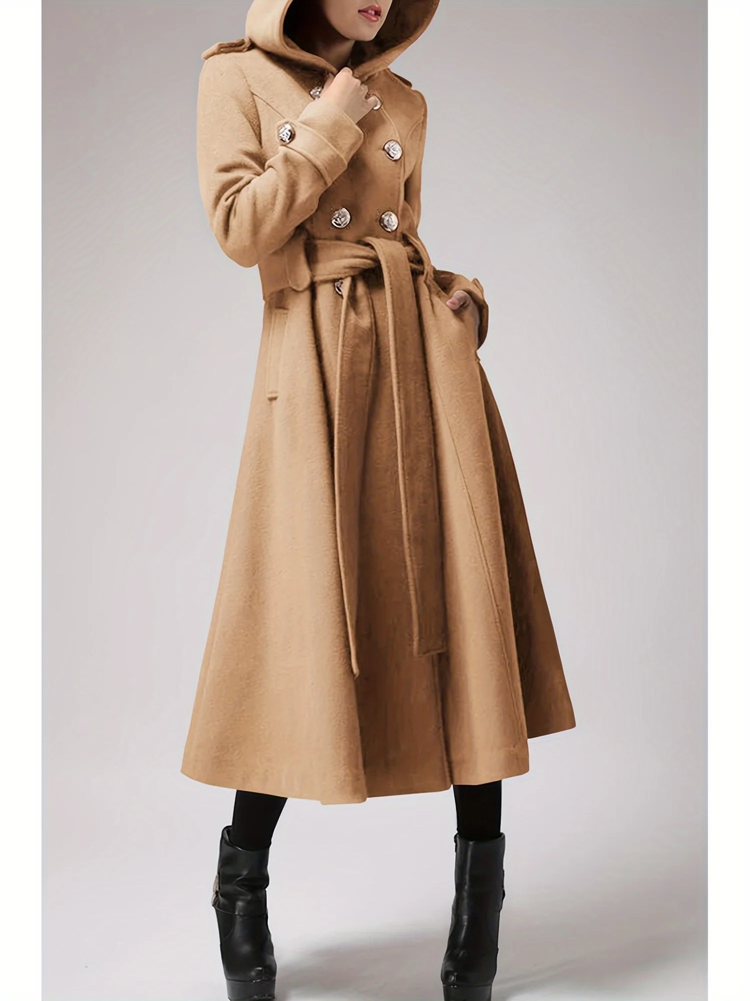 Womens Long Double-Breasted Hooded Coat Warm Woolen Coat With Belts - Deanwangkt