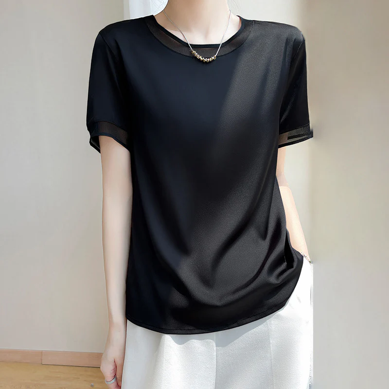 DEANWANGKT  Summer New Silk Satin Mesh Patchwork round Neck Slimming Short-Sleeved T-shirt Top Women's Mulberry Silk All-Matching Women's Wear - Deanwangkt