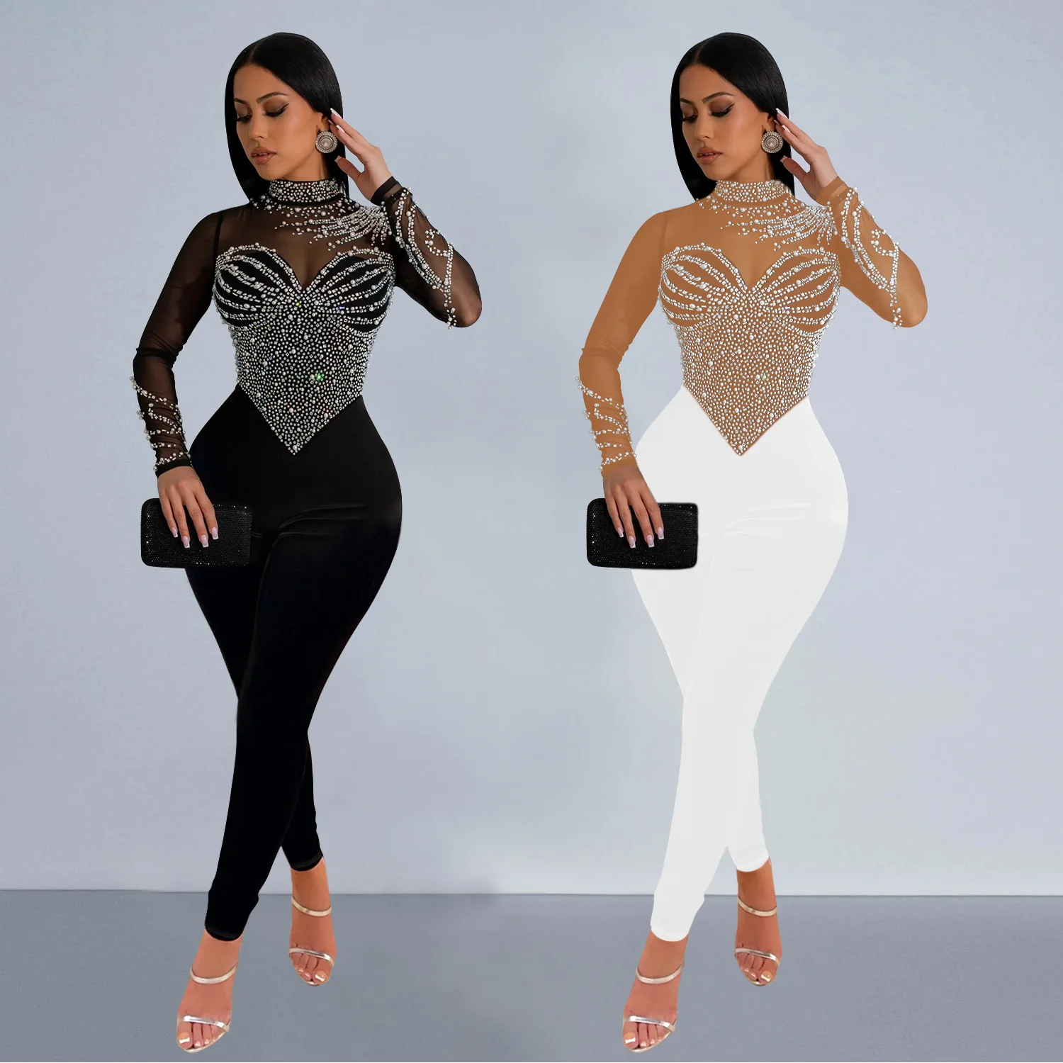 2025 C6912     fashion women's clothing solid color mesh hot diamond long-sleeved trousers jumpsuit - Deanwangkt