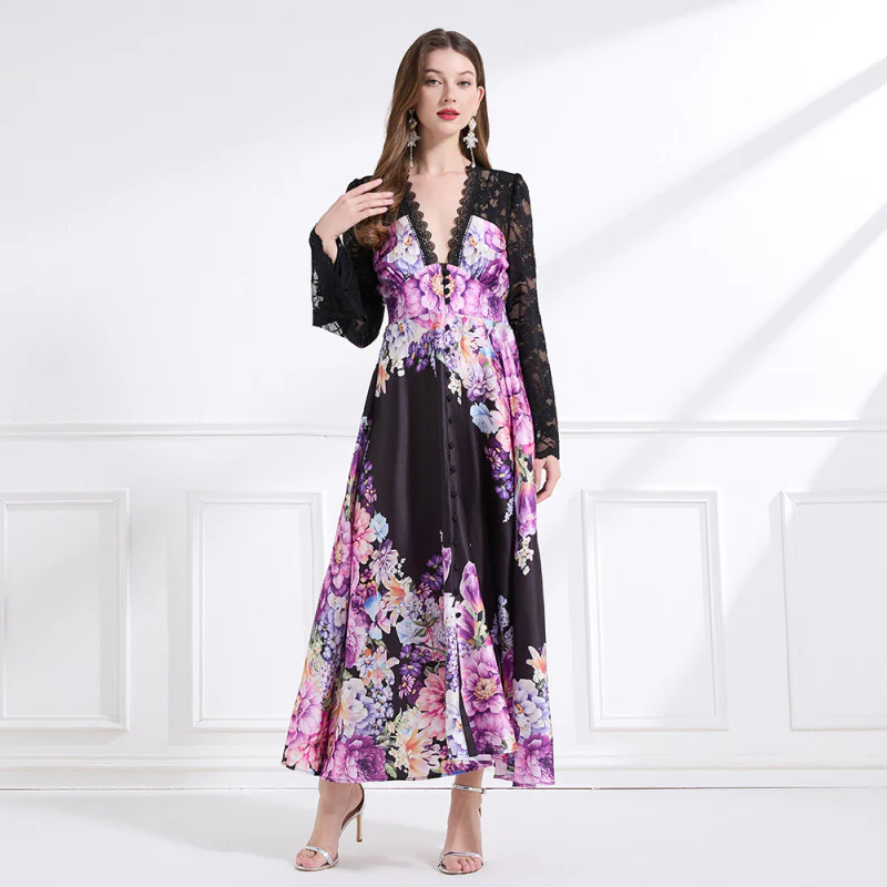 fashion holiday style dress women's spring dress court deep V-neck lace horn sleeve single-breasted printed long dress - Deanwangkt
