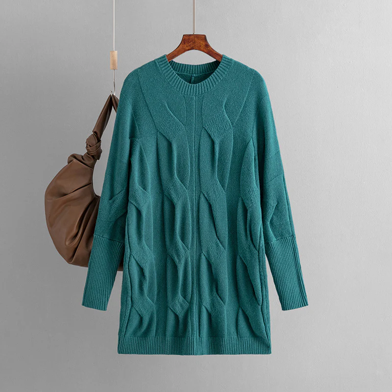DEANWANGKT Pullover knitted sweater  autumn and winter new loose casual versatile crew neck twisted sweater medium and long bottoming shirt - Deanwangkt
