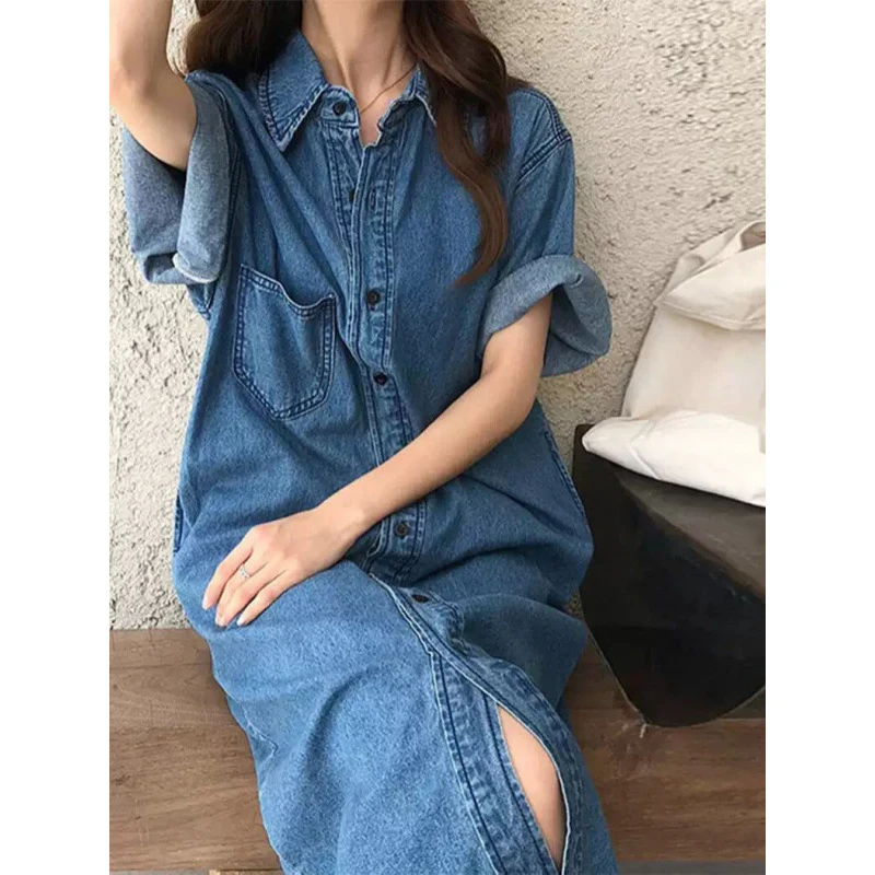 summer new Korean version loose large size denim shirt skirt medium and long tall and thin dress, women - Deanwangkt