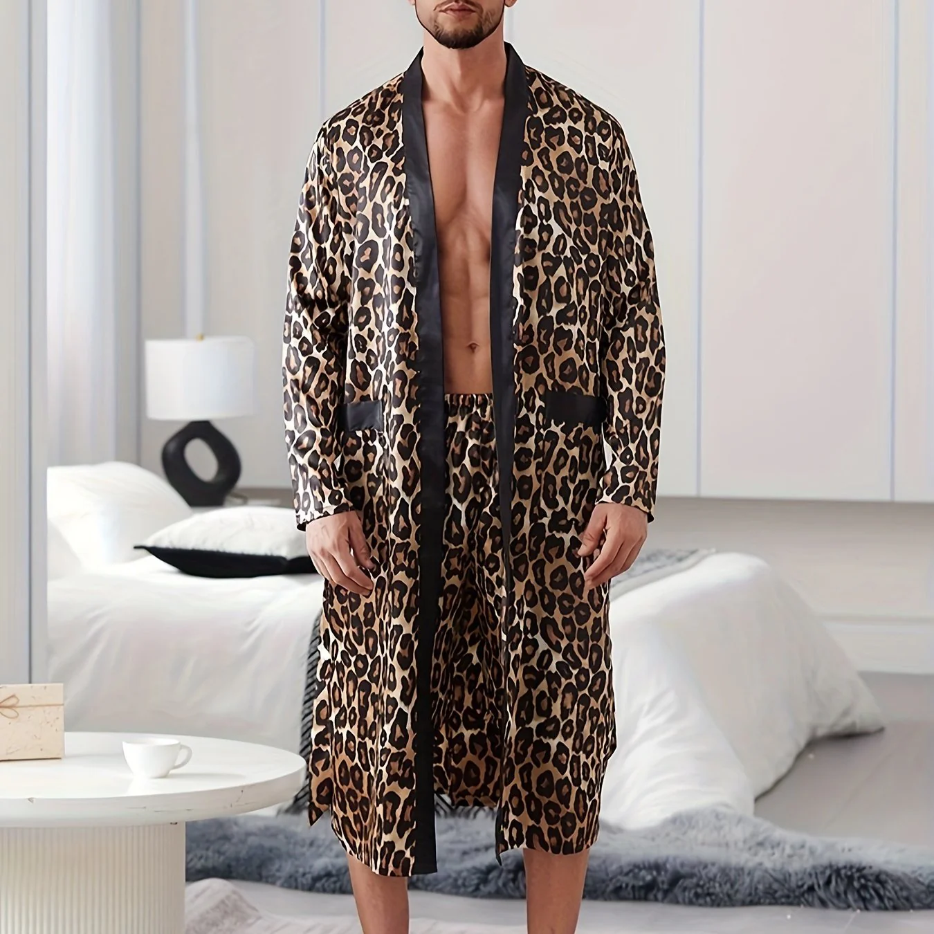 Mens Soft Leopard Pajama Set - Ultra-Soft and Gentle Fabric, Vibrant Premium Print Design, Cozy Sleep Robe and Matching Short - Latest Fashion Trend for Mens Comfort and Style - Deanwangkt