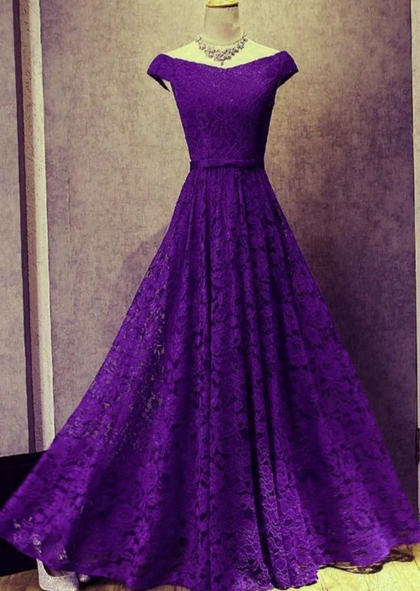 Solvbao Purple Lace Long Bridesmaid Dress, Off Shoulder Party Gown - Deanwangkt
