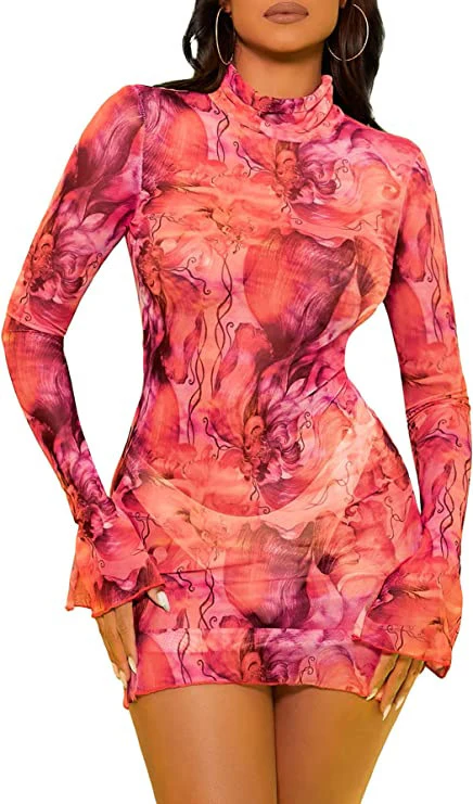 2023 Mesh Floral Print round-Neck Flared Sleeves Side Open Sheath Dress European and American Women's Clothing Summer New Wholesale - Deanwangkt