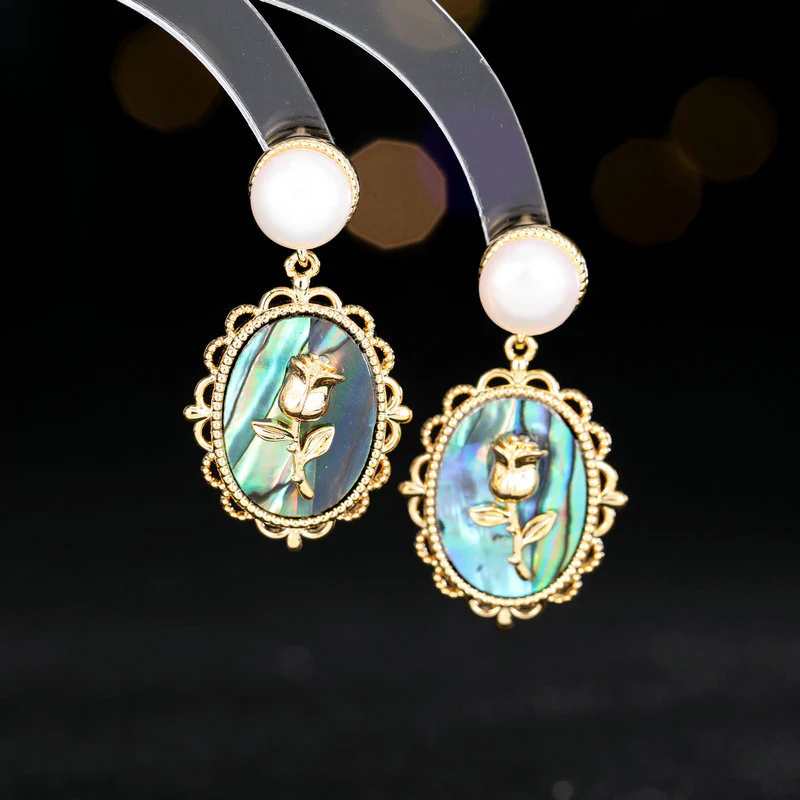 2025 S925 silver needle  retro court style high-end earrings rose natural color abalone shell pearl earrings - Deanwangkt