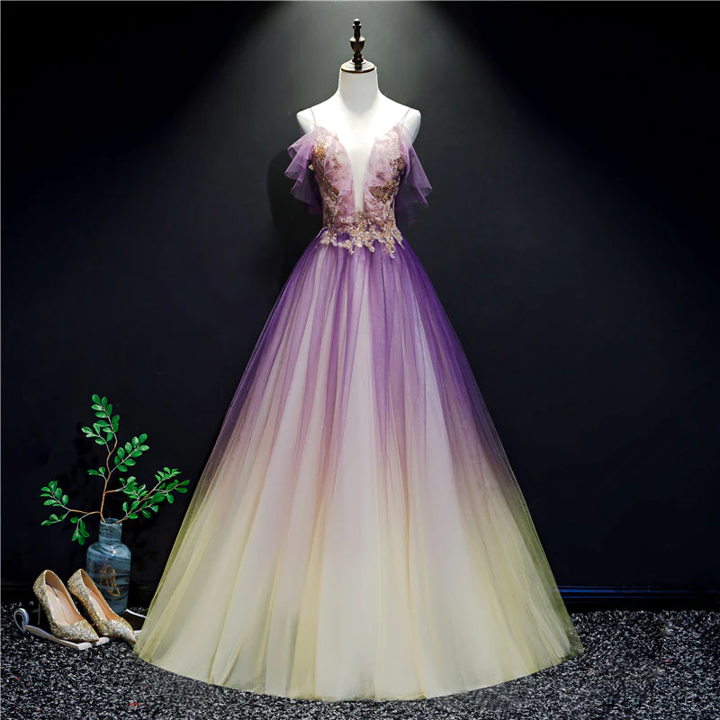 Solvbao Purple and Yellow Gradient V-neckline Straps Tulle Evening Gown, Long Prom Dress Party Dress - Deanwangkt