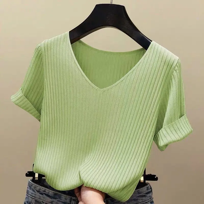 Blouse Women Blusas Mujer De Moda Verano Short Sleeve White V-Neck Knitted Shirt Tops Blusa E403 210426 - Deanwangkt