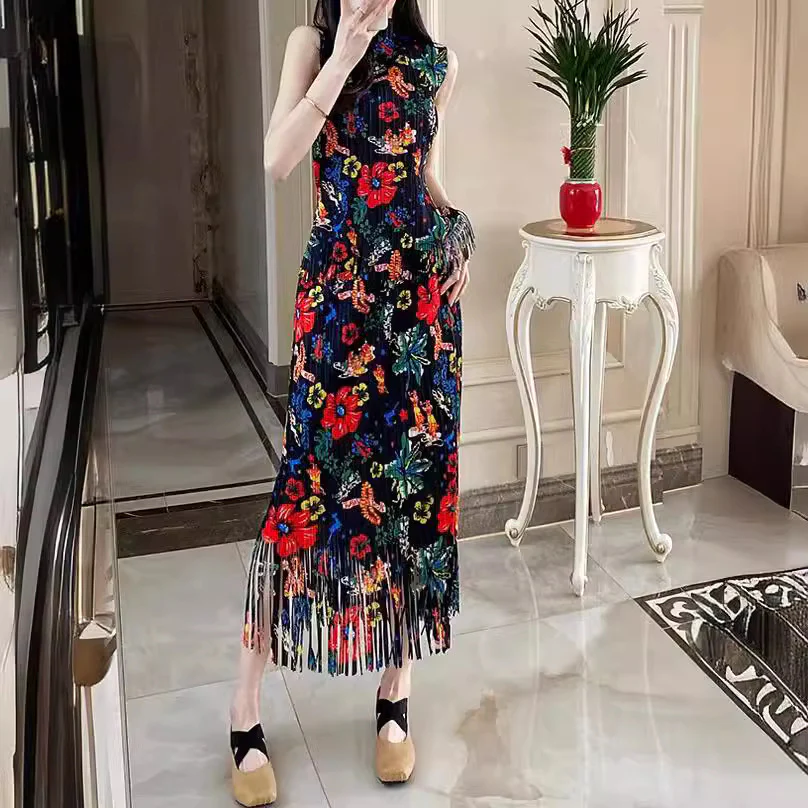 2025 2023 spring and summer new retro floral skirt women's niche design high-end fringed pleated medium and long skirt - Deanwangkt