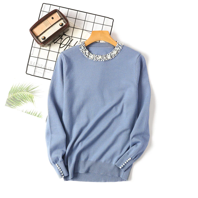DEANWANGKT Korean version of the new autumn and winter beaded pullover sweater women's round neck long-sleeved knitted sweater loose and thin temperament bottoming shirt women - Deanwangkt