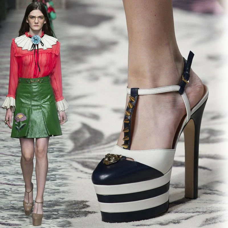 DEANWANGK  European and American High Heel Platform Shoes Closed Toe Platform Super-High Heels Platform Sandals Catwalk Color Matching plus Size Rivet Sexy Party Shoes - Deanwangkt