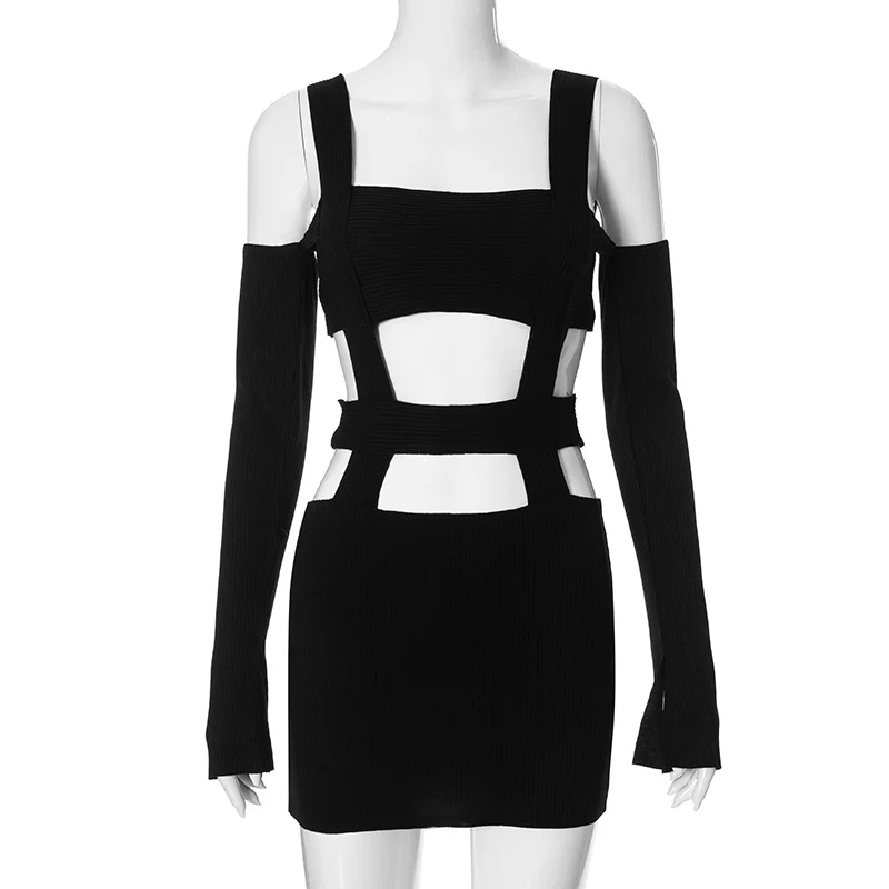 2025 R23DS095 long-sleeved hollow dress  women's clothing autumn new solid color suspender off-the-shoulder dress short skirt - Deanwangkt