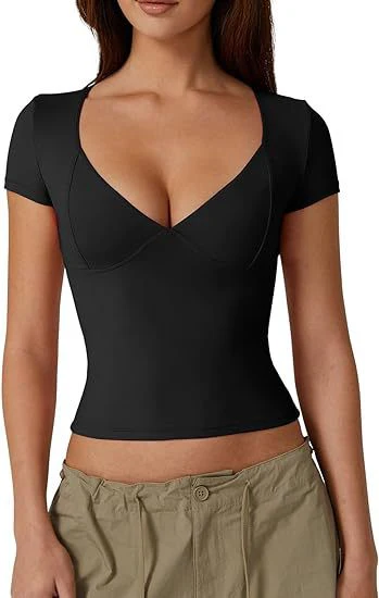 DEANWAQNGKT  Cross Border Women's Clothing  Hot Milk Silk T-shirt Short Sleeve V-neck Slim Fit Midriff-Baring Hot Girl Top Women's Summer - Deanwangkt