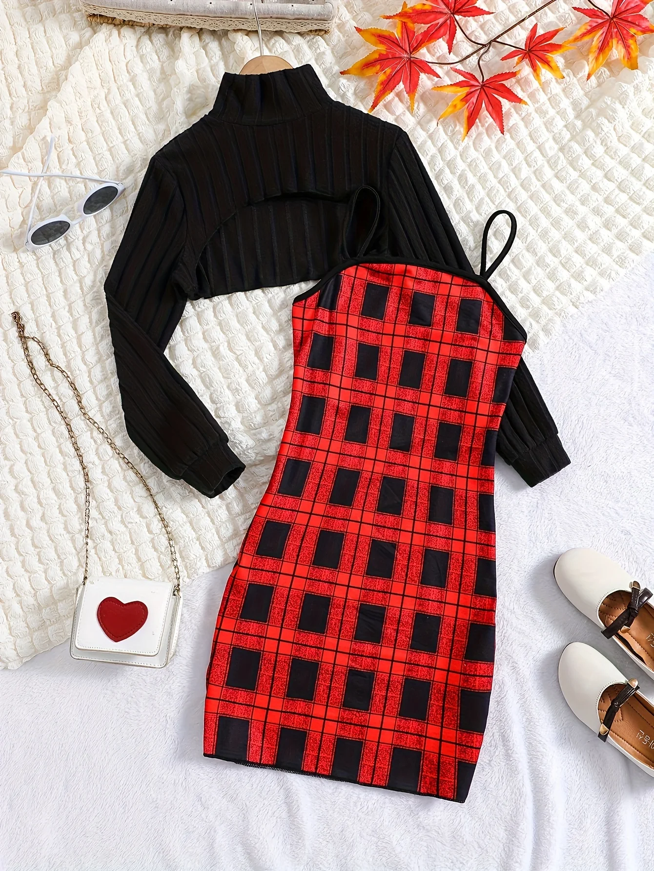 2pcs Elegant Ribbed Long Sleeve Cropped Top + Plaid Cami Dress Set Spring Fall Christmas Gift, girl's outdoor activities - Deanwangkt