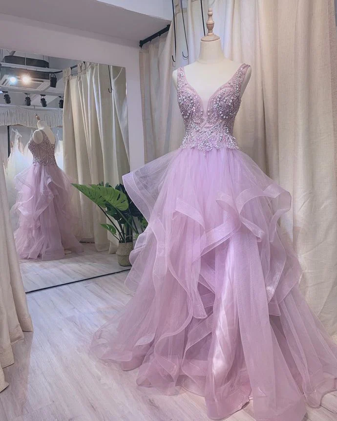 Solvbao Light Purple Tulle Beaded Layers Floor Length Formal Gown, Long Purple Evening Dress Prom Dress - Deanwangkt