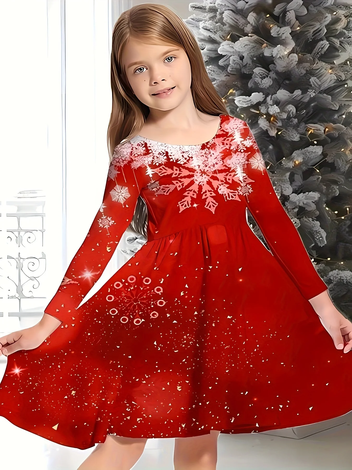 Girls' Festive 3D Snow Print Graphic Long Sleeve Dress - Activewear for Kids - Christmas Party Wear with Elegant Design and Comfortable Fabric - Deanwangkt
