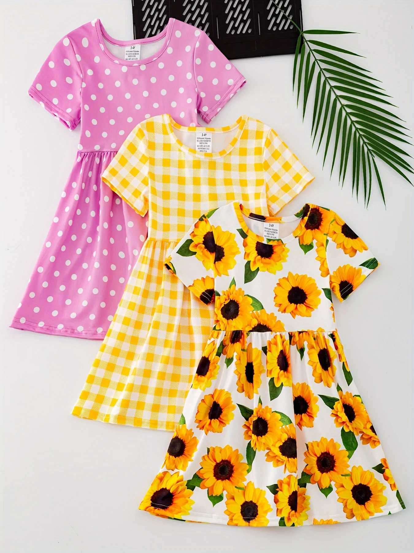 3pcs Girls Charming Short Sleeve Dress Set - Adorable Striped & Polka Dot Print with Sunflower Accent - Lightweight Summer Wear for Parties and Gifts - Deanwangkt