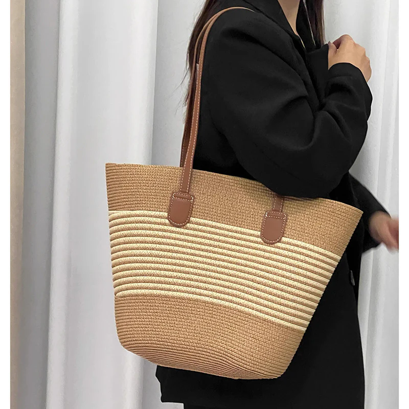 Summer Striped One-Shoulder Commuter Straw Woven Bag New Large Capacity Casual Fashion Women's Seaside Beach Tote Bag - Deanwangkt