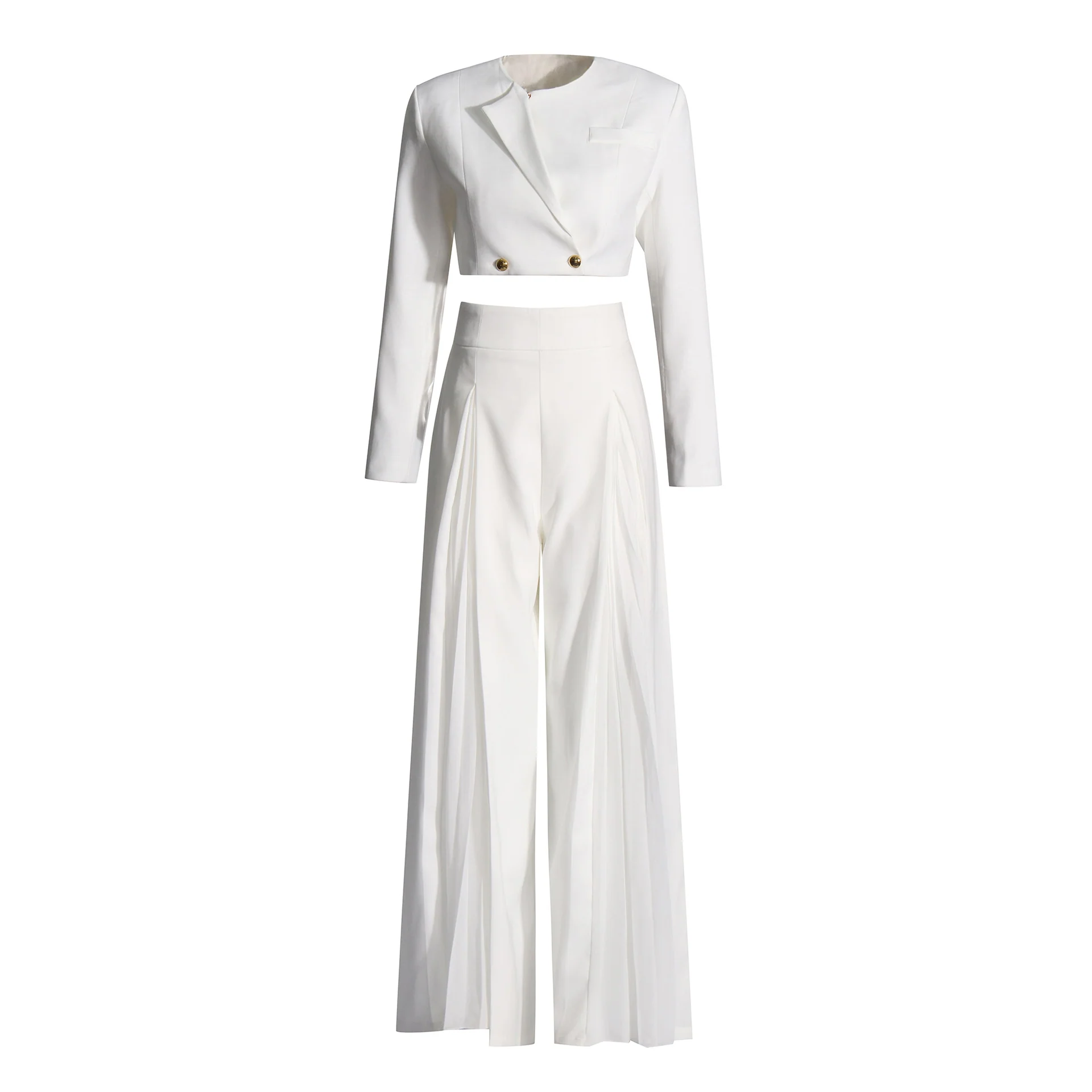 2025 Fashion casual suit women's  spring new long-sleeved short blazer + mesh split wide-leg trousers - Deanwangkt