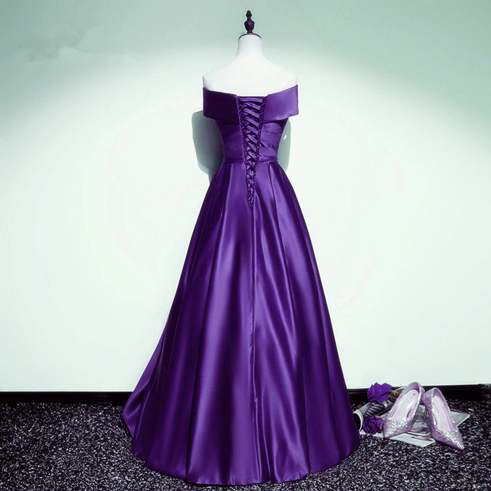 Solvbao Purple Satin Off Shoulder A-line Long Party Dress, Floor Length Junior Prom Dress - Deanwangkt