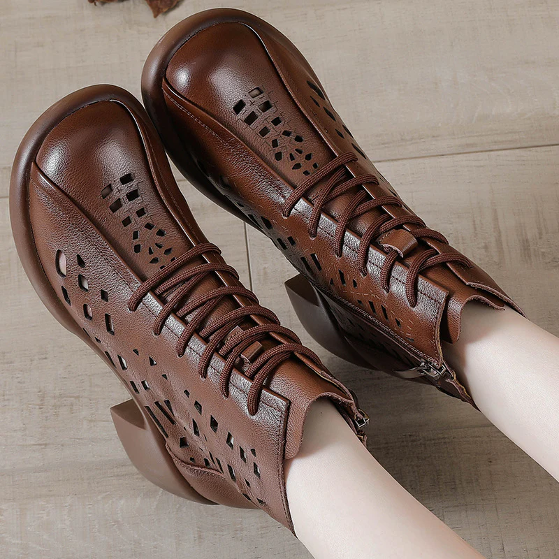 First Layer Cowhide Spring Summer Chunky Heel Martin Boots Women's Retro High Heel Hollow Boots Thick-Soled Leather Sandal Boots Hole Shoes - Deanwangkt