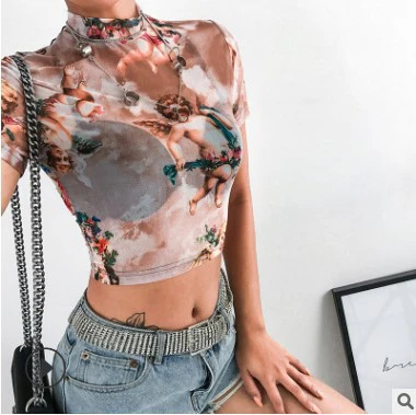 DEANWANGKT  Hot Sale 2022 Spring European and American Ins New Women's Sexy Angel Print Mesh Short Sleeve T-shirt Female in Stock - Deanwangkt