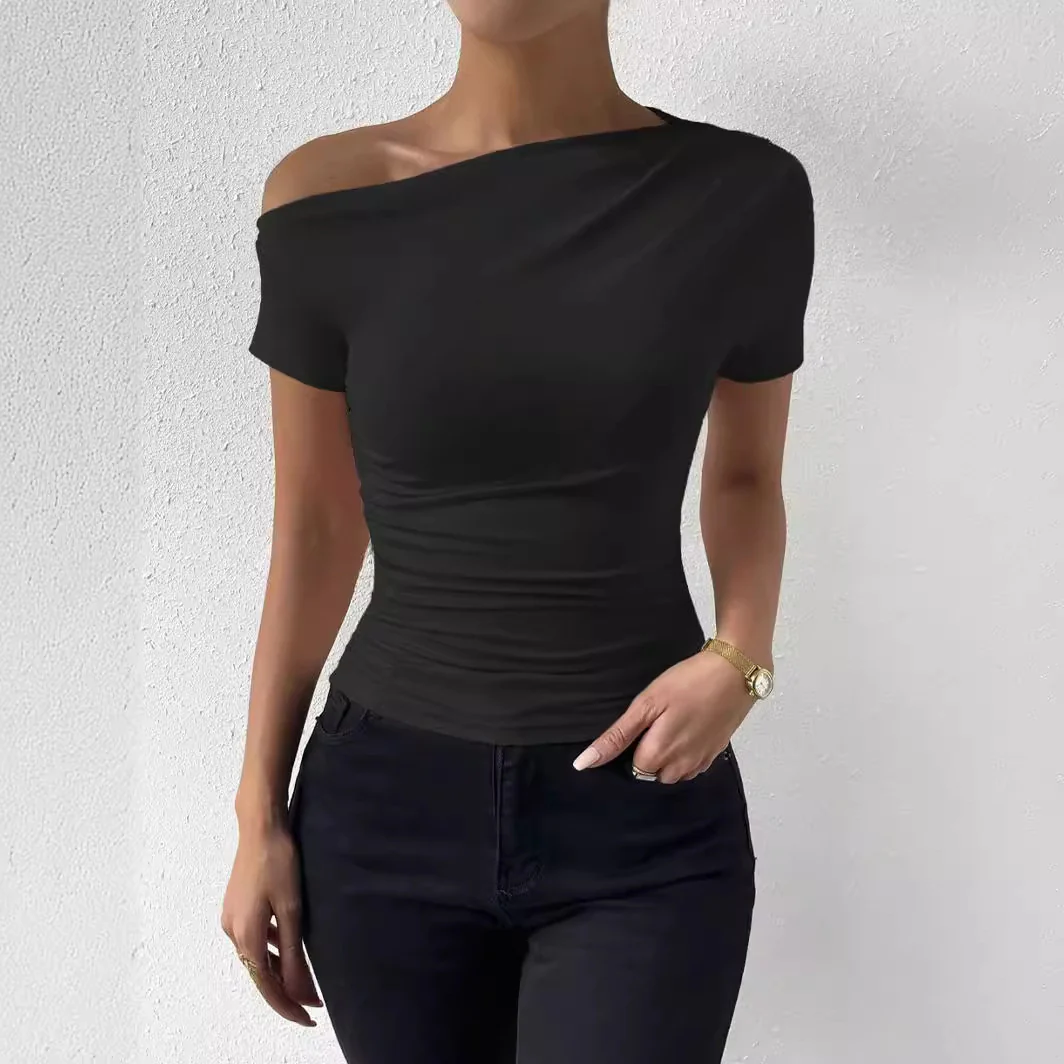 DEANWAQNGKT  Cross Border  Independent Station Spring and Summer New Slim Fit Pleating Irregular Short Sleeve T-shirt Top - Deanwangkt