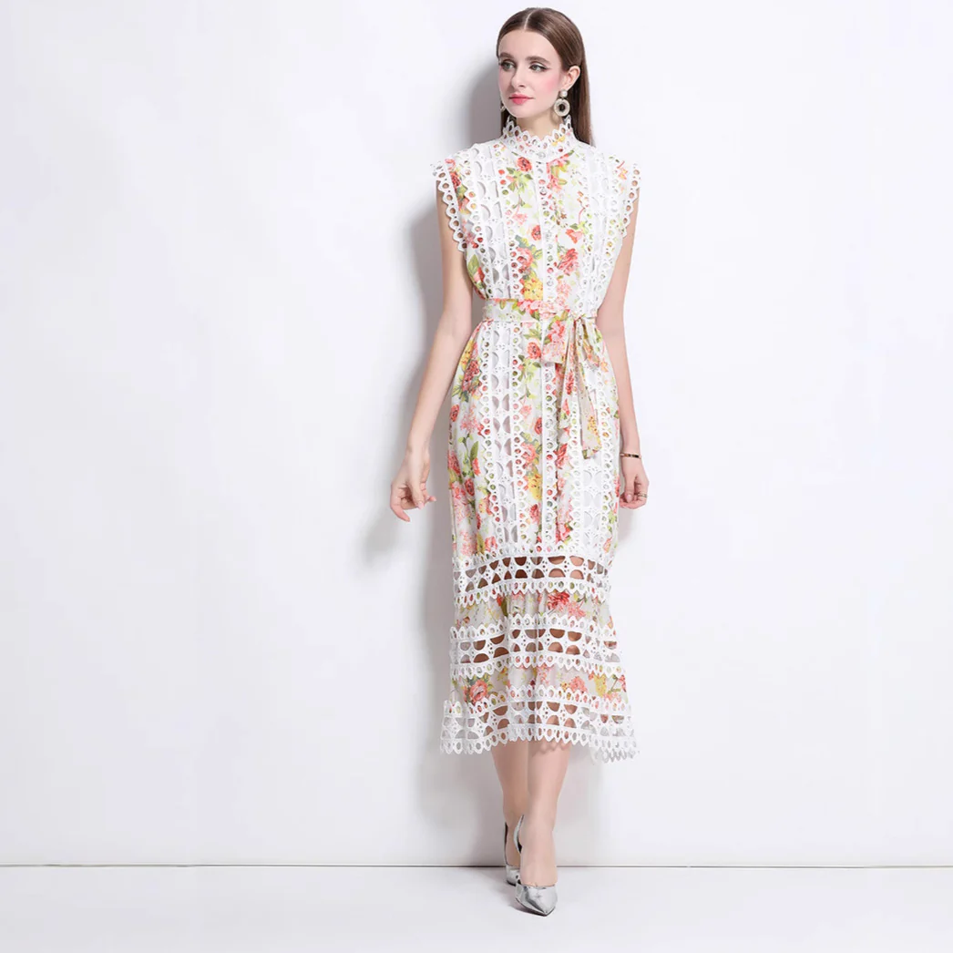 Light and mature style, niche high-end sense, hollow lace splicing printing dress, women's waist and thin temperament, sleeveless long dress - Deanwangkt