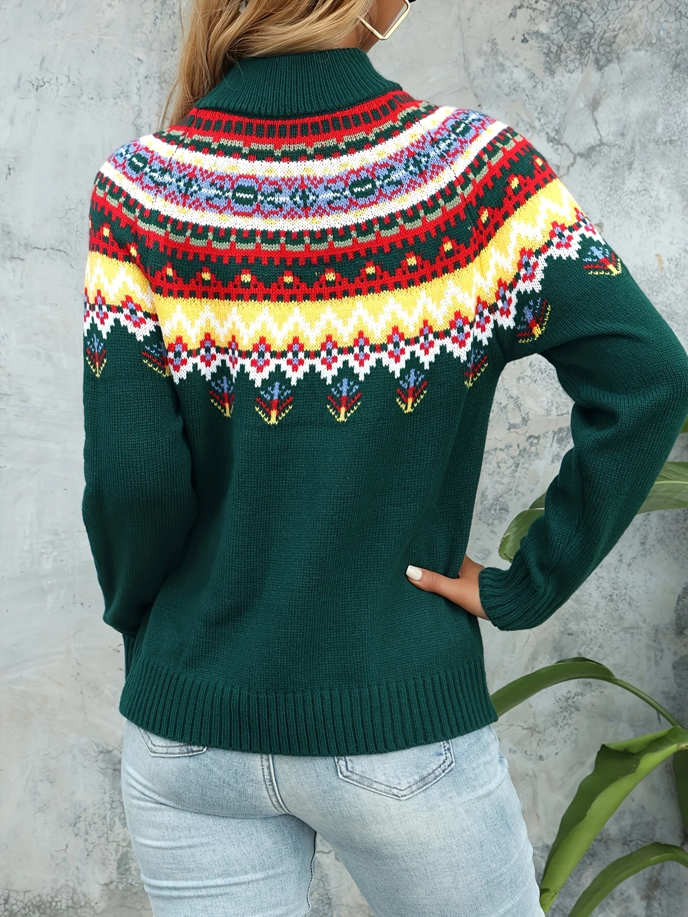 Women's Elegant Middle Eastern Style Acrylic Crew Neck Knit Pullover - Festive Snowflake & Wishing Tree Long Sleeve Sweater for Fall/Winter - Deanwangkt