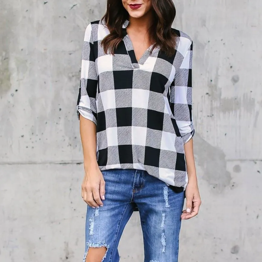 Blouses Women Plaid Shirt V-neck Shirt Women Black and Red Ladie Top Chemise Cotton Plaid Women Tops Casual Blouse Shirt - Deanwangkt