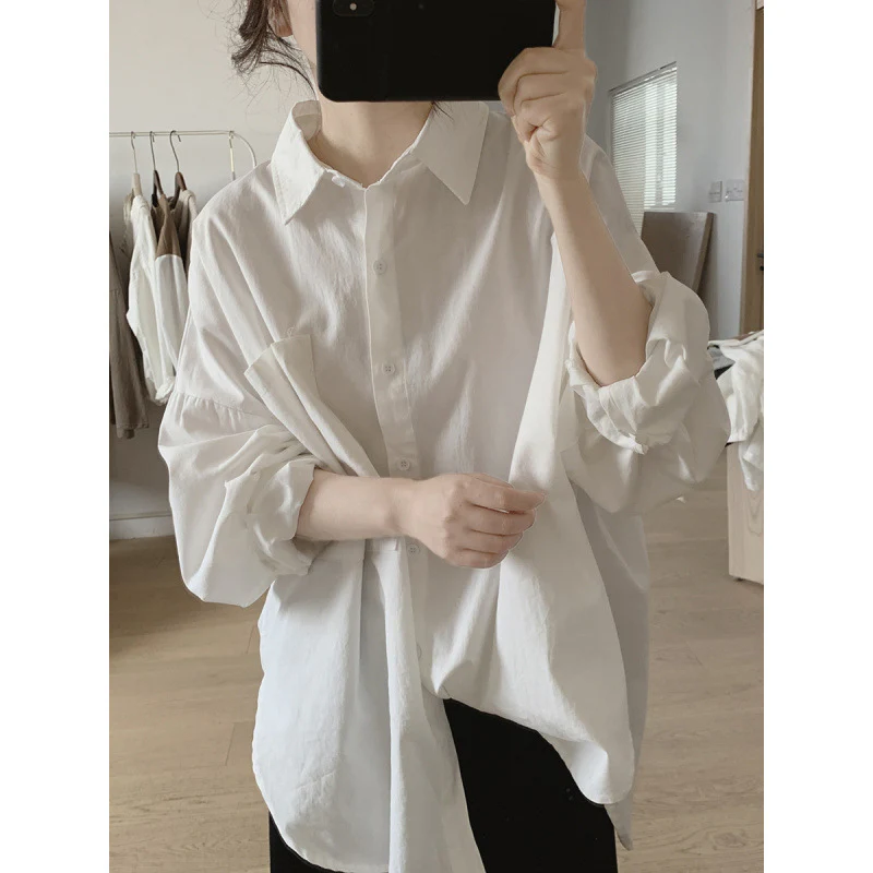 Big pocket shirt women's spring and autumn new loose large size bat-shaped thin simple split fork medium and long cotton top - Deanwangkt