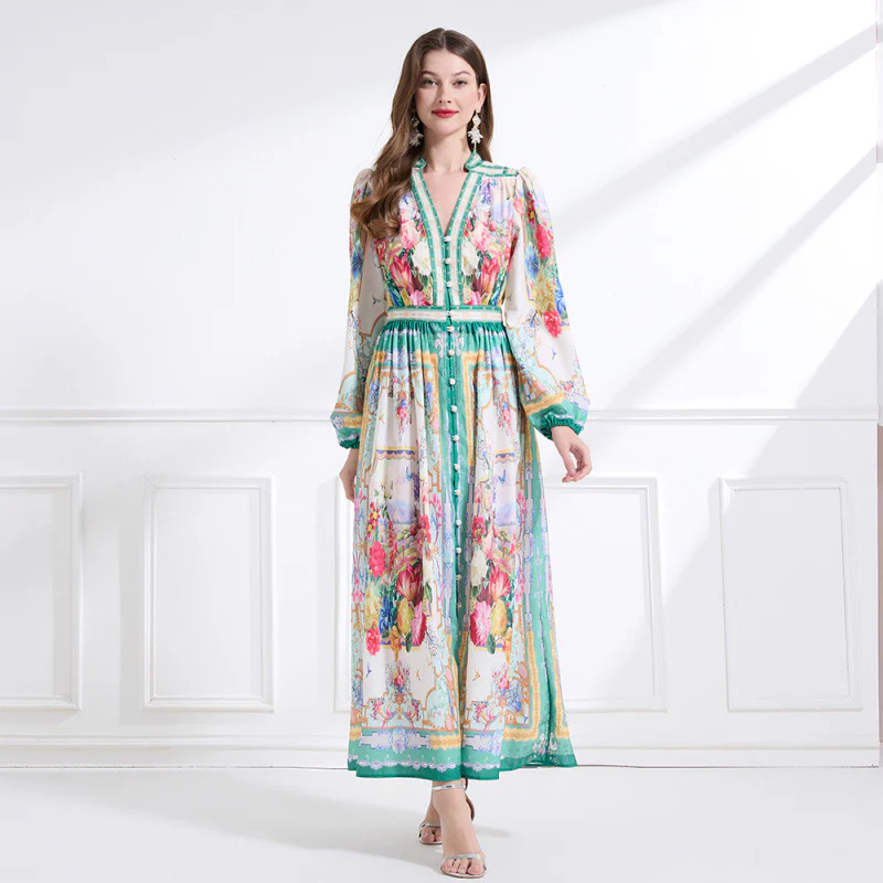 Popularan retro design print sexy deep V-neck breasted slim-fitting long bubble sleeve dress temperament dress - Deanwangkt