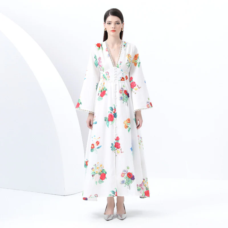 Popular, ,  New women's clothing retro deep V-neck horn sleeve wavy edge printing long dress - Deanwangkt