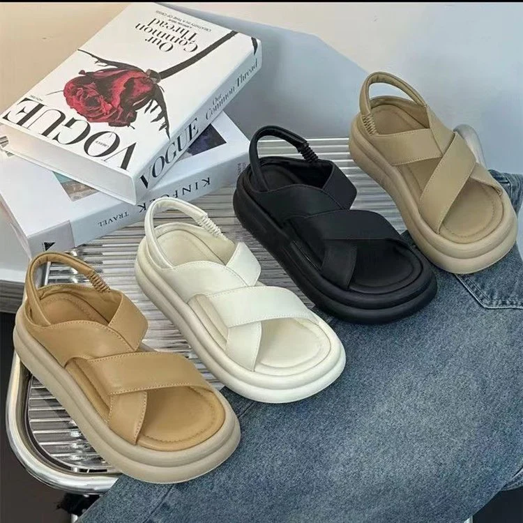 DEANWANGKT  Elastic Band Cross Open Toe Sandals for Women  Summer New Platform Stylish Beach Roman Shoes Solid Color Fashion Shoes - Deanwangkt