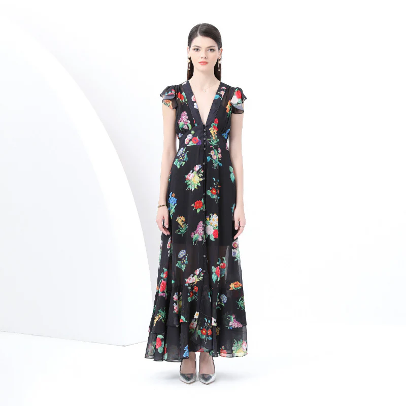 independent station women's clothing retro deep V-neck lantern sleeves wavy edge wide floral long dress two-piece set - Deanwangkt