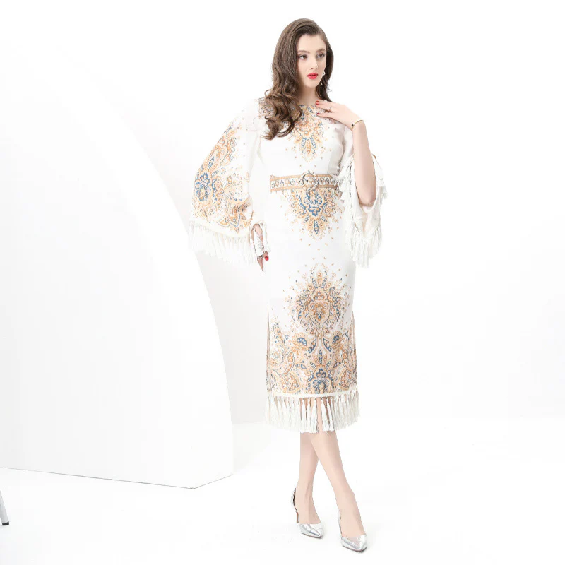 New Women's Retro Crew Neck Waist Flared Sleeve Fringed Trim Printed Dress - Deanwangkt