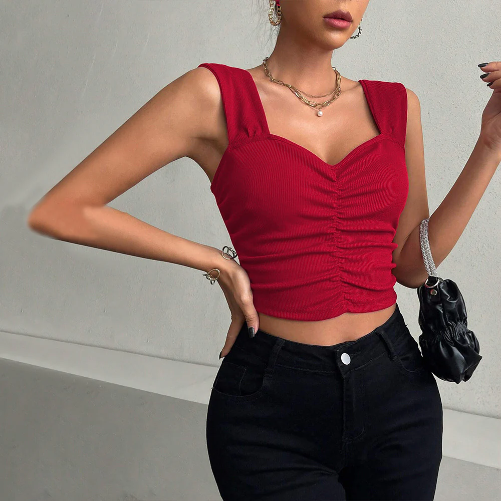 ins  New pleated square neck sling vest popular summer new bottoming shirt slim-fitting chic top women - Deanwangkt