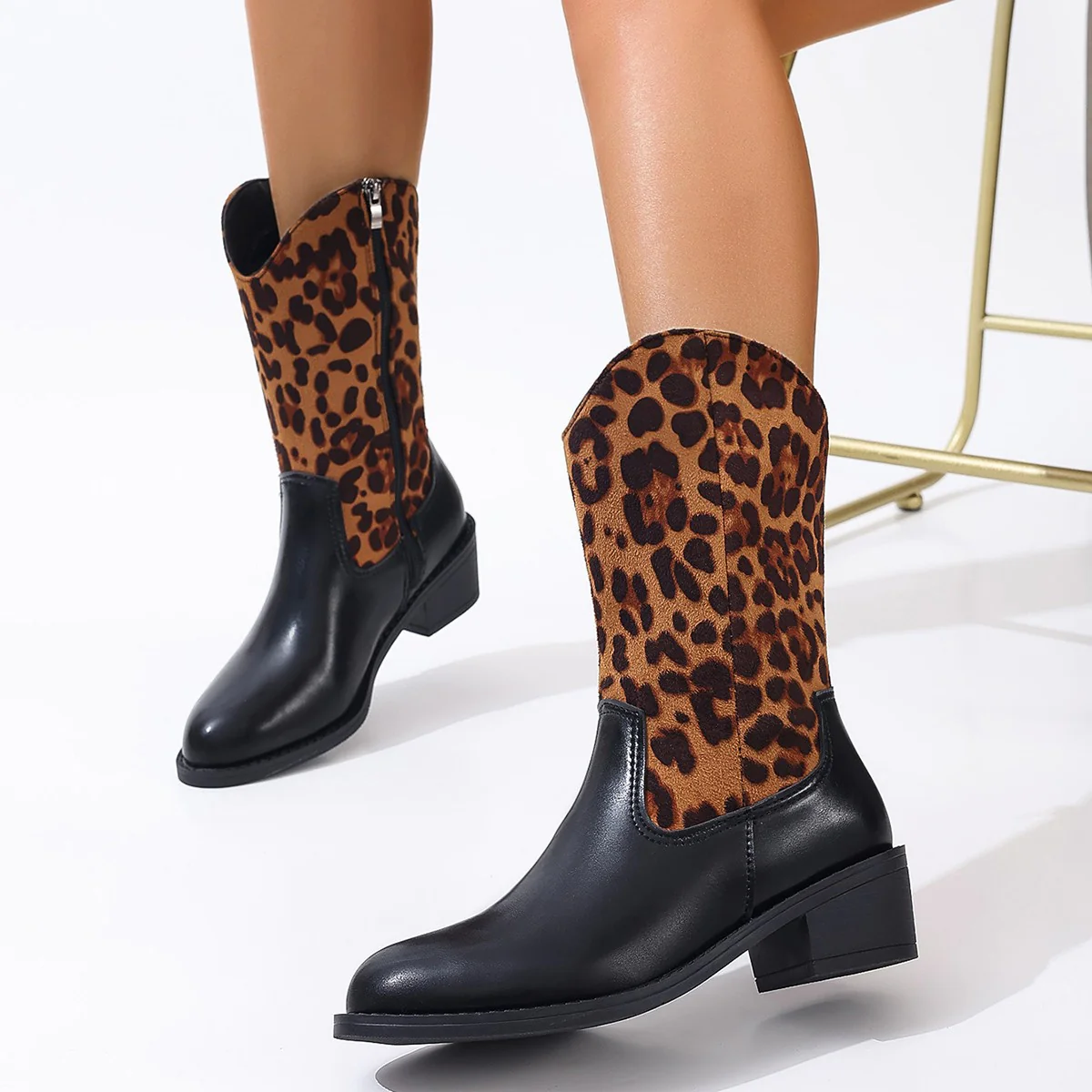 Plus Size Cross-Border High Heel Cowboy Boot Women's  New Leopard Print Stud for Autumn and Winter Leather Boots Mid Heel Pointed Toe Middle Boots Wholesale - Deanwangkt