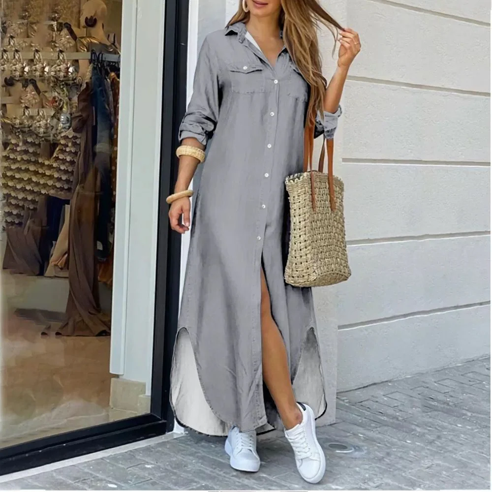 DEANWANGKT Cross-Border Women's Clothing  EBay New European and American Fall Winter Fashion Sexy Shirt Maxi Dress Women - Deanwangkt