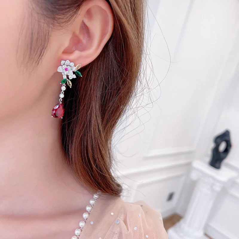 2025 S925 silver needle light luxury earrings wholesale tide high sense flower zircon camellia long fringed water drop earrings - Deanwangkt