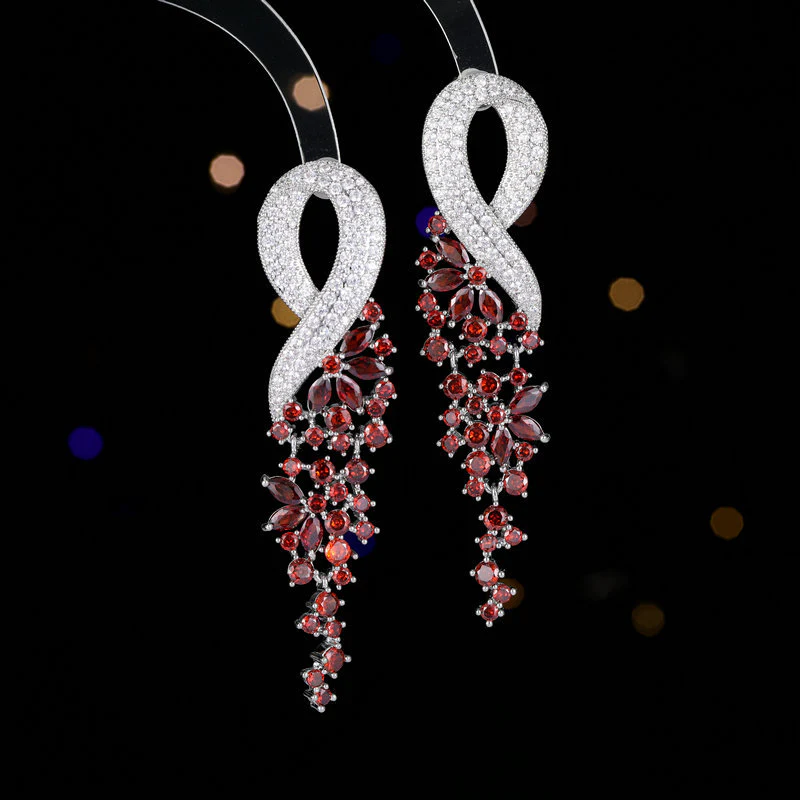 2025 High-end fashion banquet dress with earrings, long copper inlaid zircon exaggerated atmosphere, heavy industry luxury earrings wholesale - Deanwangkt