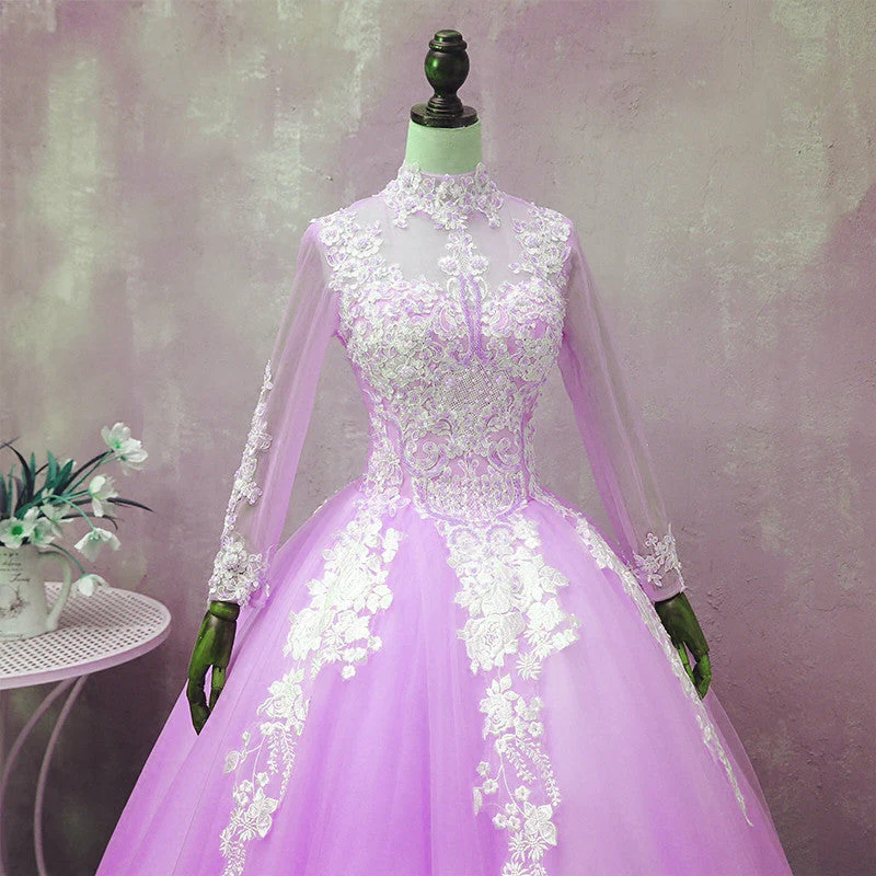 Solvbao Light Purple Tulle Long Sleeves Applique Sweet 16 Gown, Beautiful Evening Dress Formal Dress - Deanwangkt