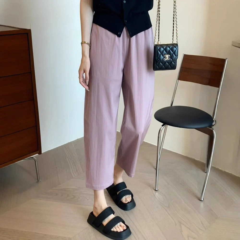 Siyuan high-end mulberry silk Modal elastic waist lightweight tapered casual pants women's cool straight nine-point pants 9077 - Deanwangkt