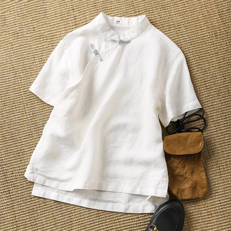 Chinese style improved short-sleeved cheongsam top women's  summer retro stand-up collar disc buckle contrasting color niche design sense - Deanwangkt