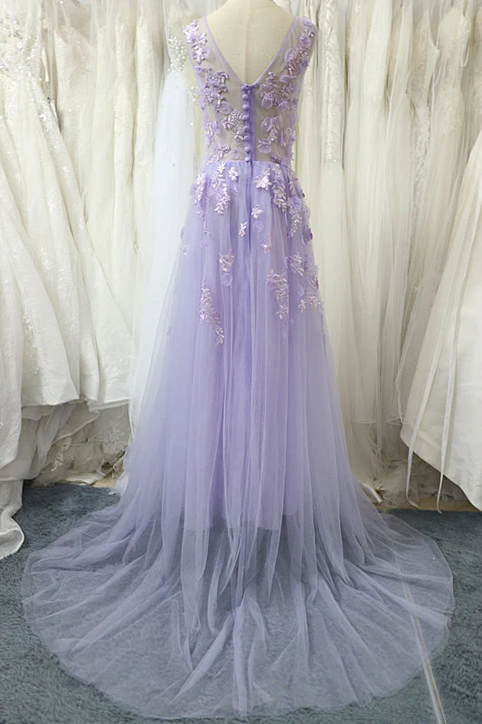 Solvbao Charming Tulle Floral Light Purple Long Party Dress, A-line Prom Dress - Deanwangkt