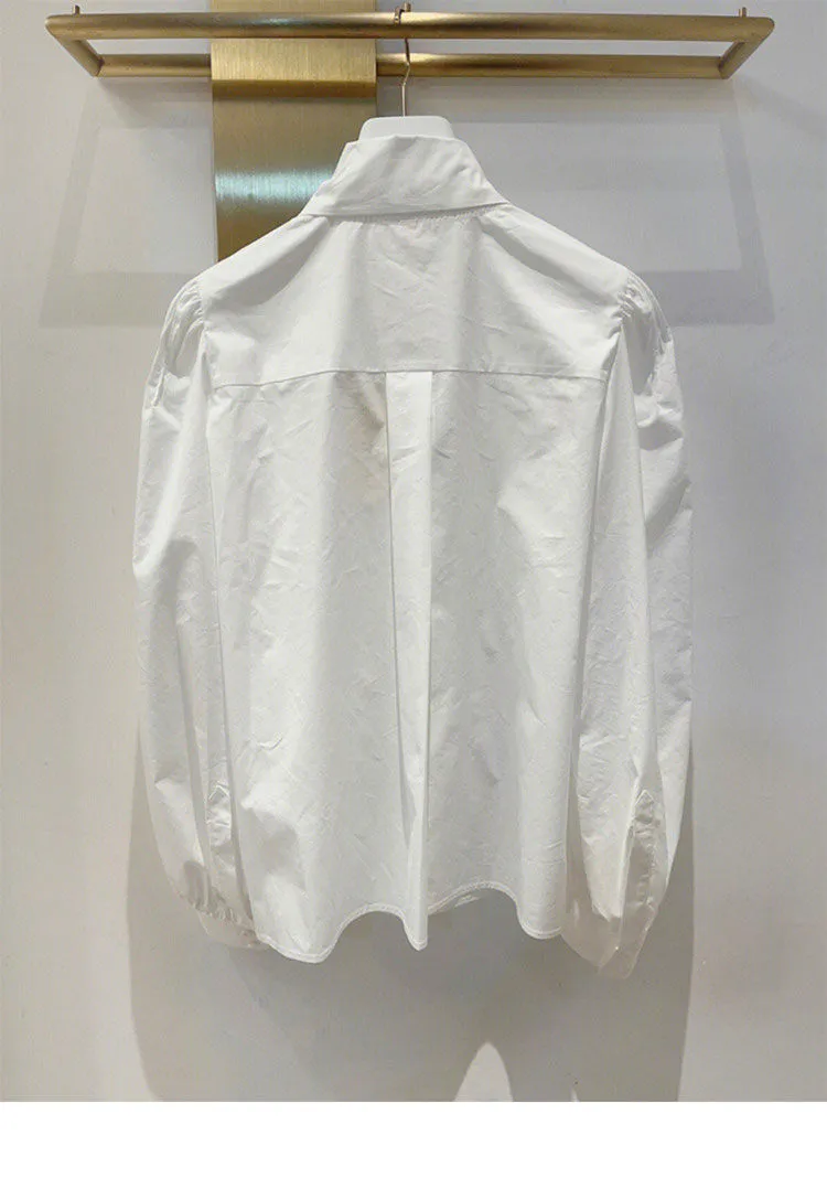 Women's tie collar 3D flower embroidery long sleeve white blouse shirt SMLXLXXL - Deanwangkt