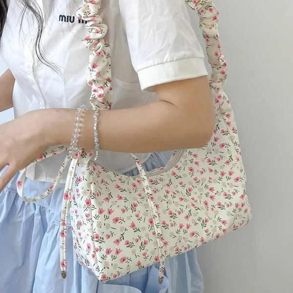 DEANWANGKT 2025 ins sweet broken flower canvas bag literary and cute underarm bag women's bag drawstring shoulder bag crossbody bag small bag - Deanwangkt