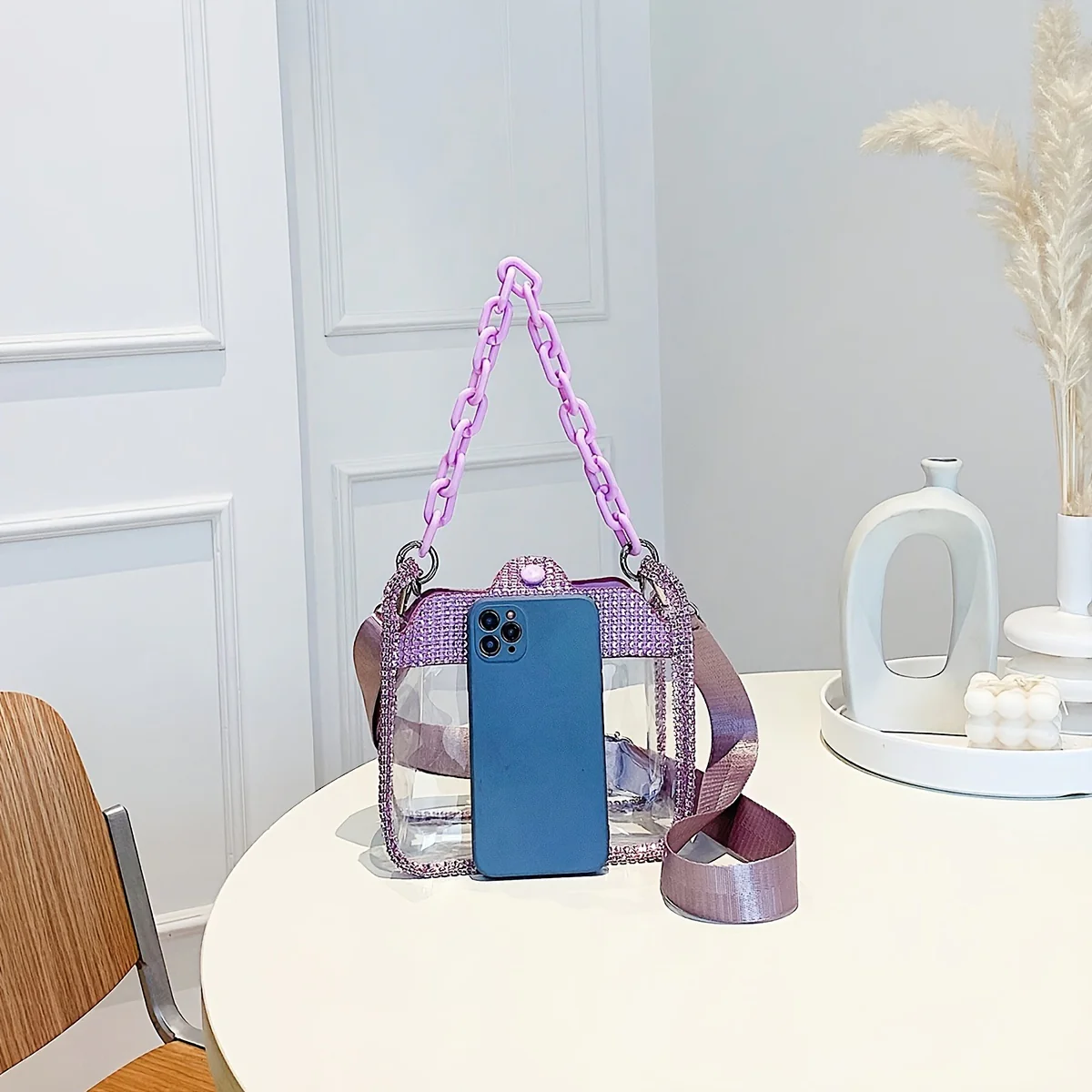 Elegant Square Transparent Handbag with Rhinestone Sparkle, Secure Buckle Closure, & Durable PVC & Acrylic Strap - Deanwangkt