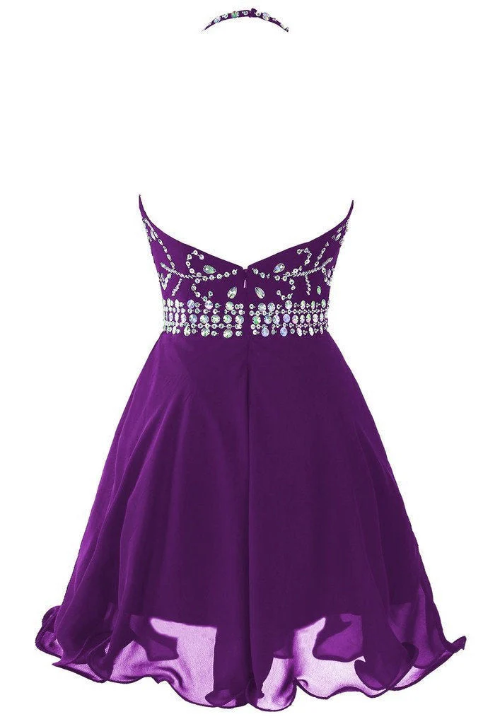 Solvbao Beautiful Purple Chiffon Halter Beaded Homecoming Dress, Knee Length Party Dress - Deanwangkt